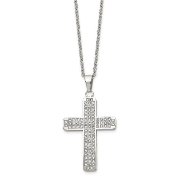 Stainless Steel CZs Cross Pendant 22in Necklace