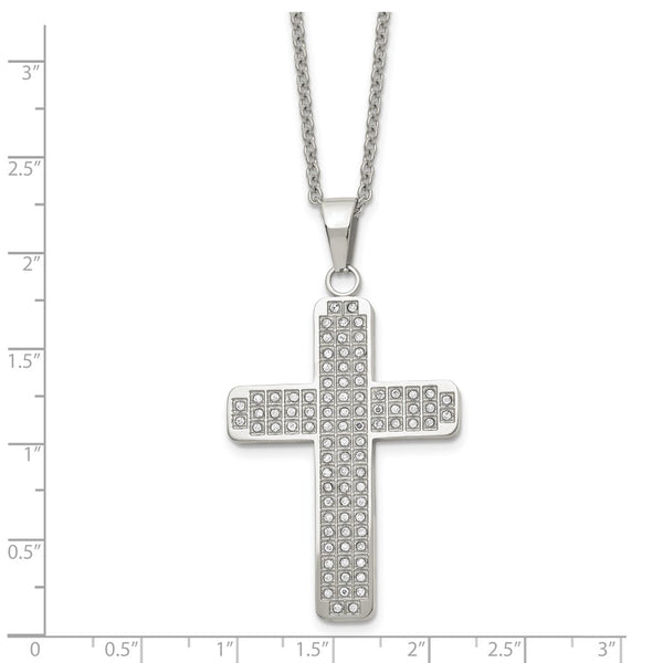 Stainless Steel CZs Cross Pendant 22in Necklace