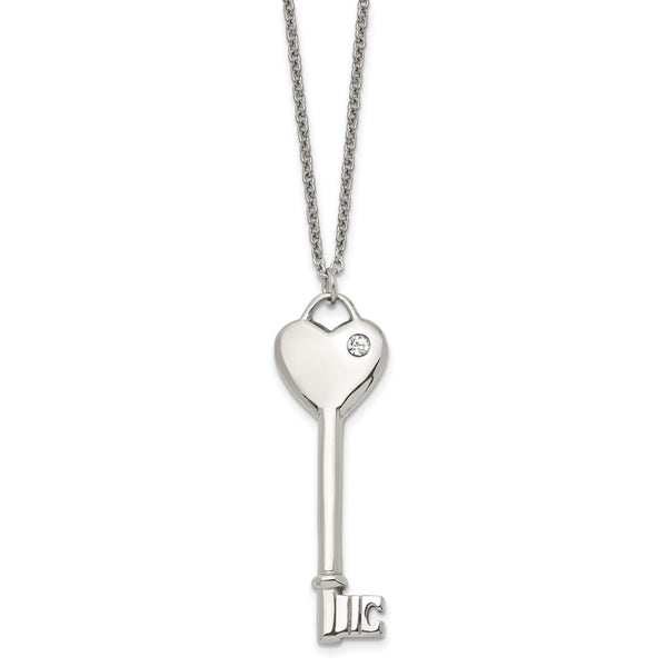 Stainless Steel Heart with CZ Key Pendant