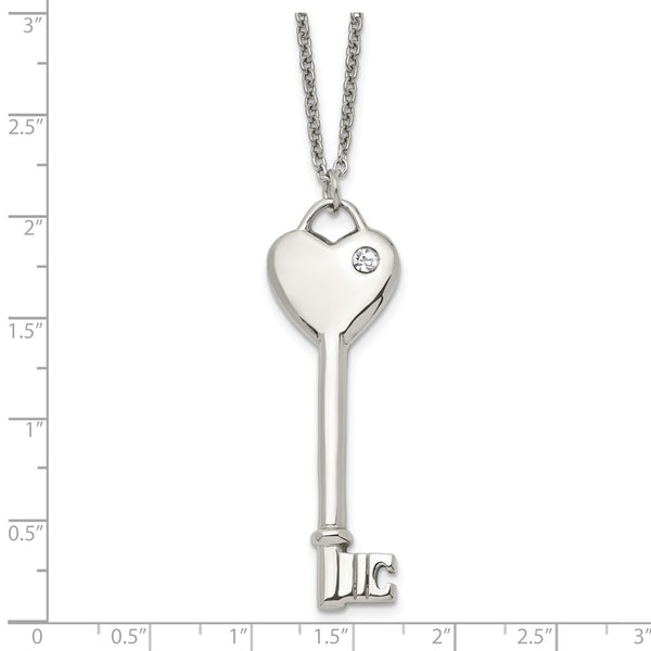 Stainless Steel Heart with CZ Key Pendant