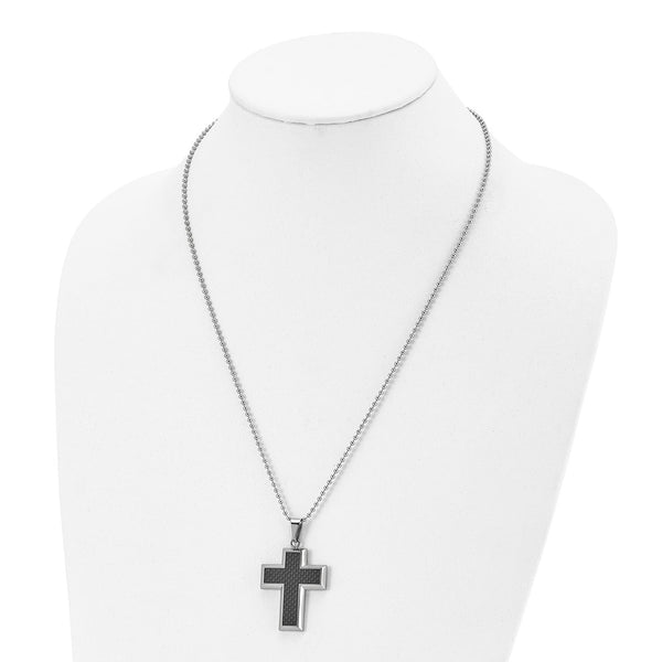 Titanium Polished w/Black Carbon Fiber Inlay Cross 22in Necklace