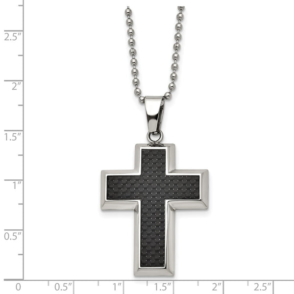 Titanium Polished w/Black Carbon Fiber Inlay Cross 22in Necklace