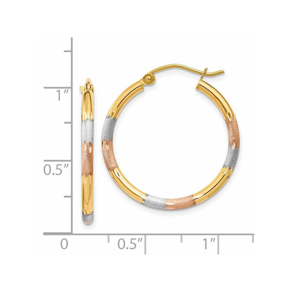 14KT Gold Tri-Color 22X2MM Diamond-cut Hoop Earrings