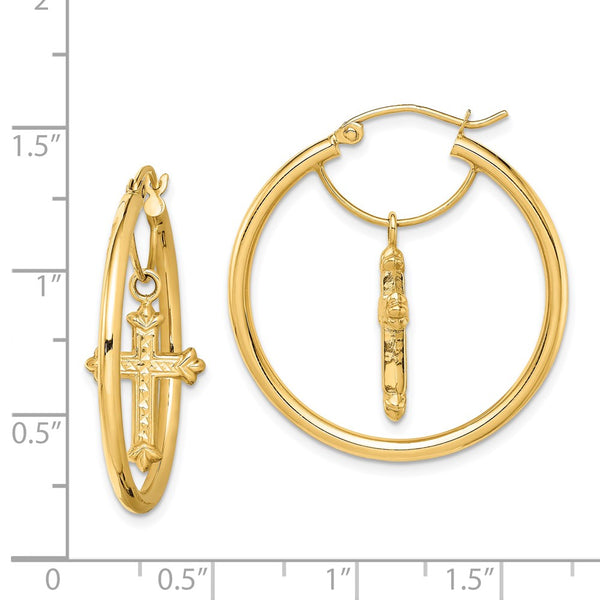 14KT Yellow Gold Diamond-cut Cross Hoop Earrings