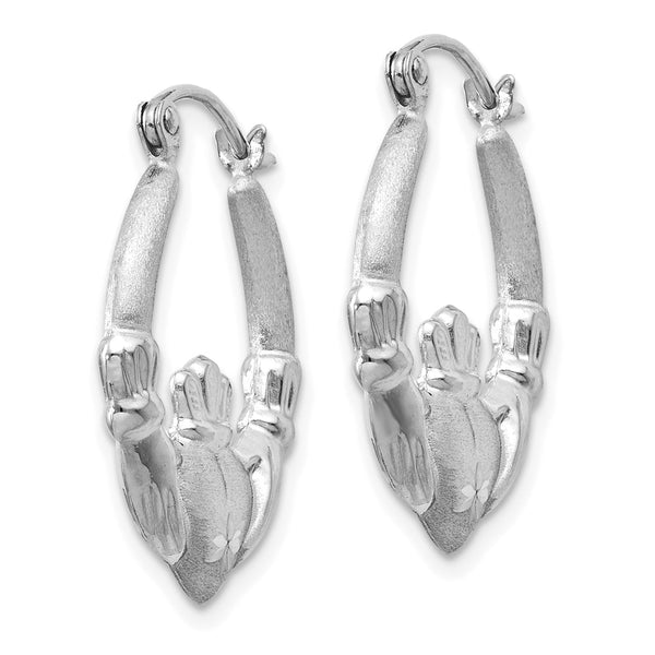 14KT White Gold 21X2MM Diamond-cut Claddagh Hoop Earrings