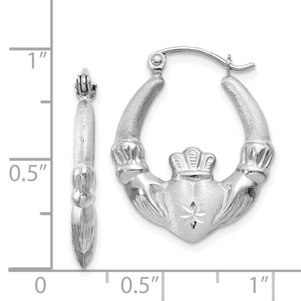 14KT White Gold 21X2MM Diamond-cut Claddagh Hoop Earrings