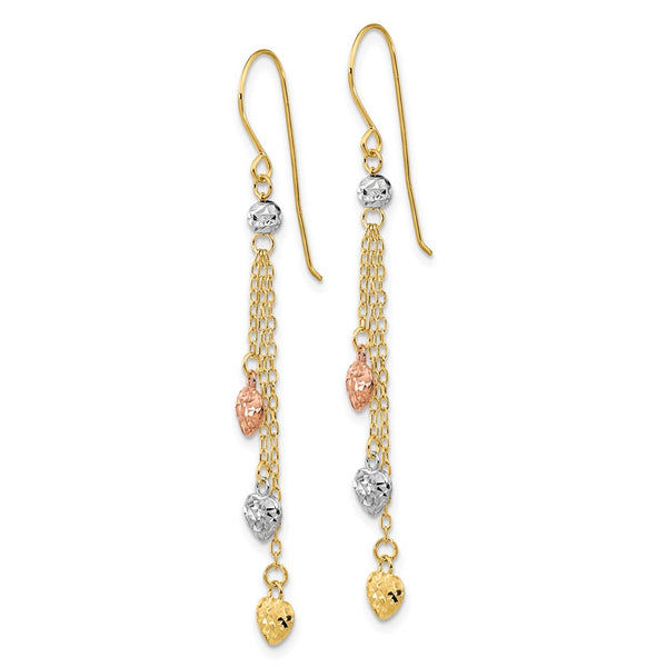 14KT Gold Tri-Color 55X4.8MM Diamond-cut Heart Drop & Dangle Earrings