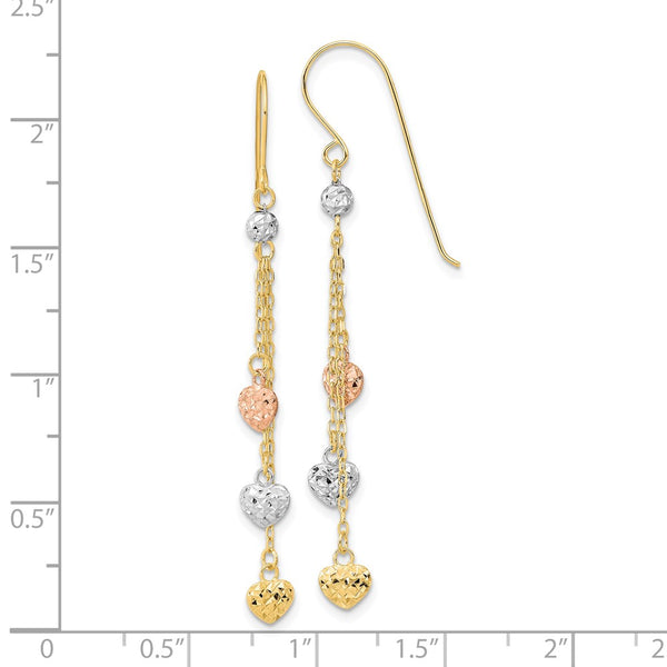 14KT Gold Tri-Color 55X4.8MM Diamond-cut Heart Drop & Dangle Earrings