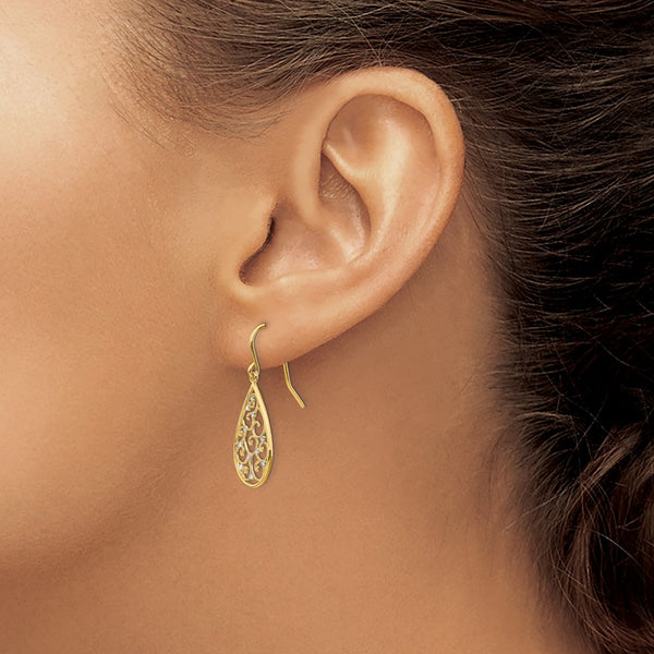 14KT Yellow Gold With Rhodium Plating 29X11MM Teardrop Earrings