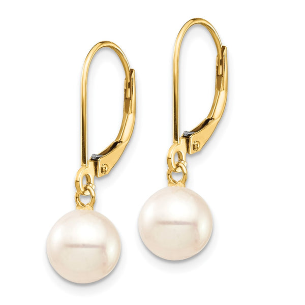 7MM Round Pearl Leverback Earrings in 14KT Yellow Gold