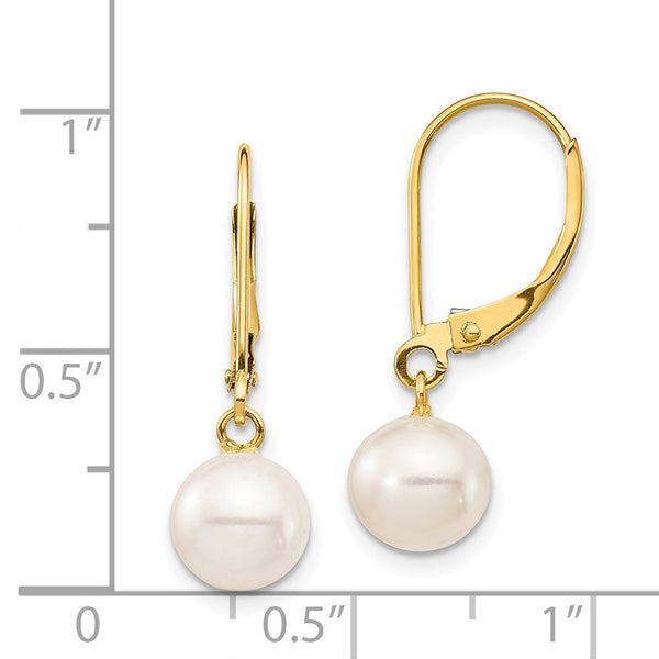 7MM Round Pearl Leverback Earrings in 14KT Yellow Gold