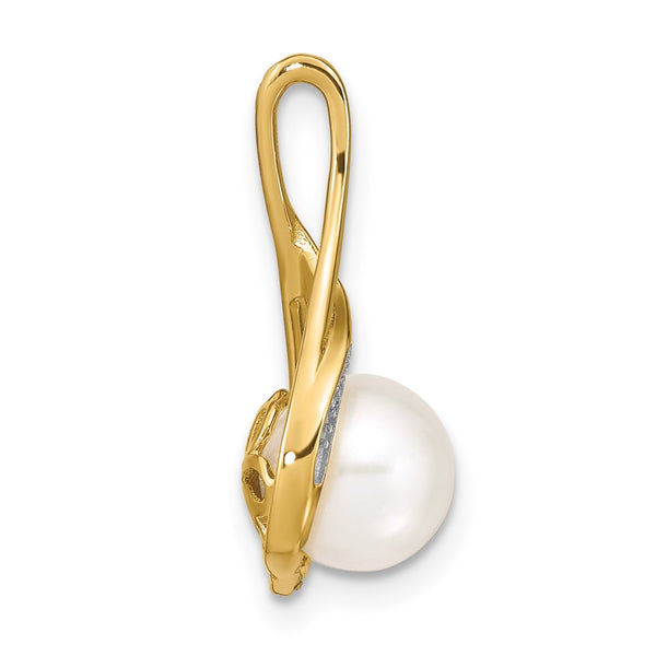 7X8MM Round Pearl and Diamond Pendant in 14KT Yellow Gold. Chain not Included