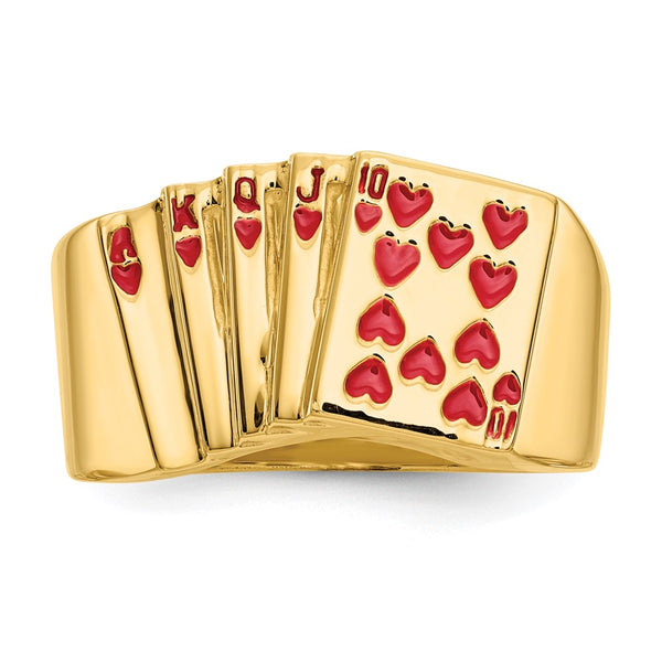 14k Enameled Royal Flush in Hearts Mens Ring. Size 10