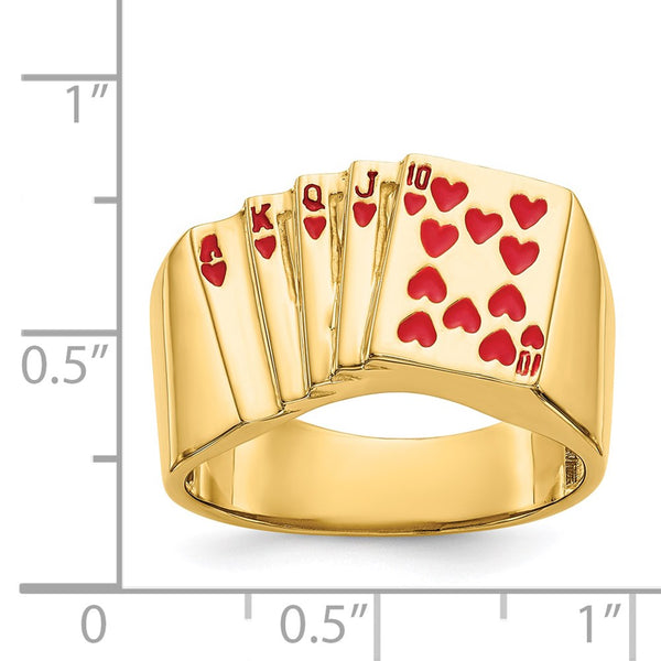 14k Enameled Royal Flush in Hearts Mens Ring. Size 10