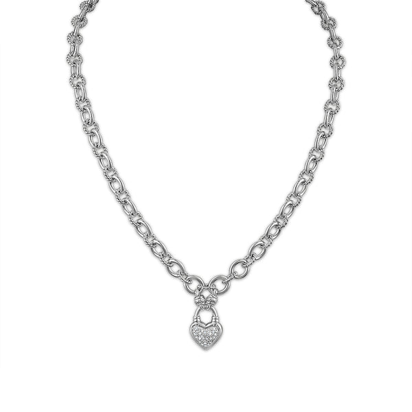 1/7 CTW Diamond Heart Cuban Link 18" Necklace in Rhodium Plated Sterling Silver