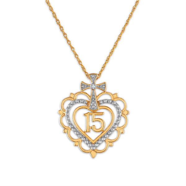 Diamond Accent 18" Quinceanera Heart Cross Pendant in 10KT Yellow Gold