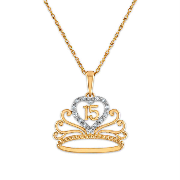 Diamond Accent 18" Quinceanera Heart Crown Pendant in 10KT Yellow Gold