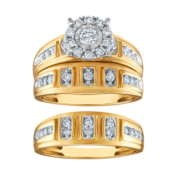 1 CTW Diamond Wedding Trio Set in 10KT White and Yellow Gold