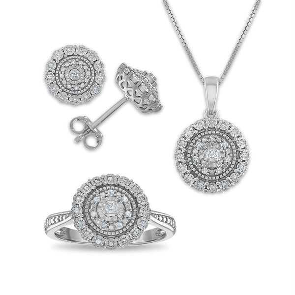 1/3 CTW Diamond Halo Ring Pendant Earrings Set in Sterling Silver