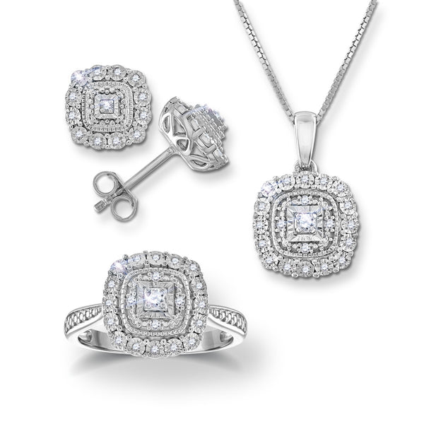 1/3 CTW Diamond Halo Ring Pendant Earrings Set in Sterling Silver