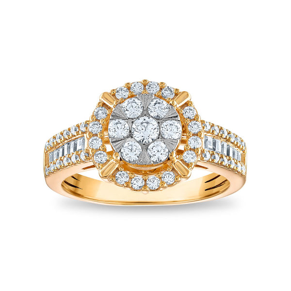 3/4 CTW Diamond Halo Cluster Ring in 10KT White and Yellow Gold