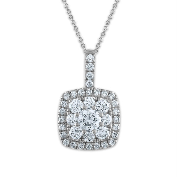 Signature EcoLove 1 CTW Lab Grown Diamond Halo Cluster Fashion Cushion Shaped 18" Pendant in 14KT White Gold