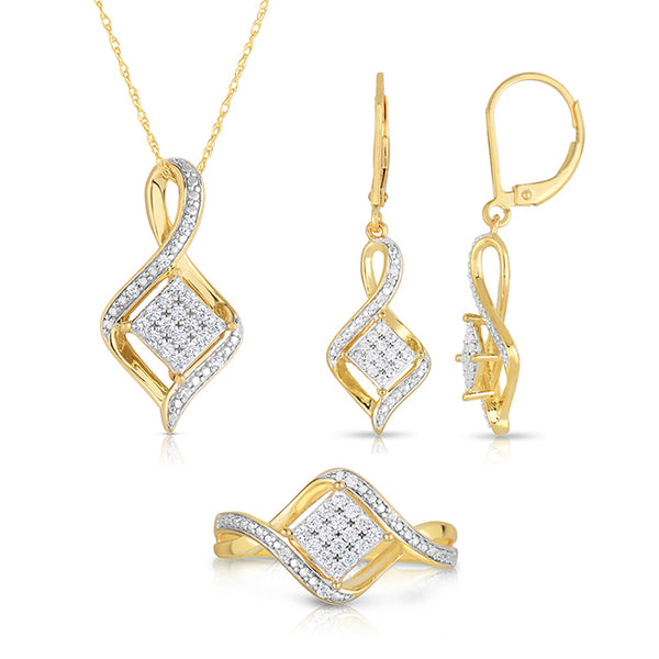 1/2 CTW Diamond Fashion Ring Earring Pendant Set 18" Pendant in Yellow Gold Plated Sterling Silver; Size 7