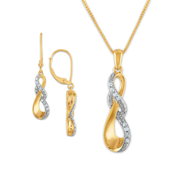 1/4 CTW Diamond Infinity Earring Pendant Set 18" Pendant in Yellow Gold Plated Sterling Silver