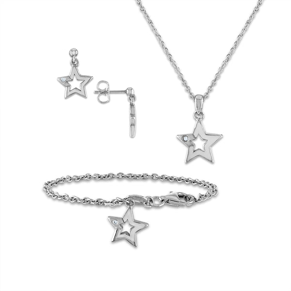 Diamond Accent Star Earrings Pendant Bracelet Set in Sterling Silver