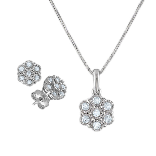 1/2 CTW Diamond Flower 18" Pendant Earrings Set in Sterling Silver