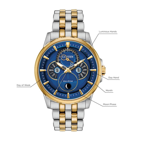 Citizen Moonphase Watch with 44MM Blue Dial and Two Tone Stainless Ste Daniels Jewelers