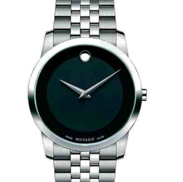 Movado with 40MM Black Round Dial Stainless Steel Watch Band; 0607199