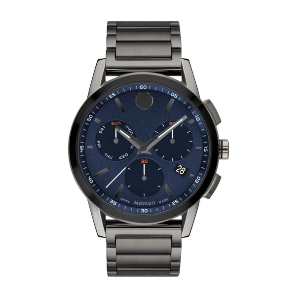 Movado Museum Sport 43MM Blue Chrono Dial Gunmetal Steel Band; 0607624