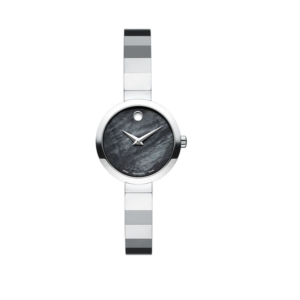 Movado with 24MM Black Round Dial Stainless Steel Watch Band; 0607109