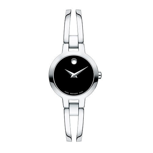 Movado with 24MM Black Round Dial Stainless Steel Watch Band; 0607153