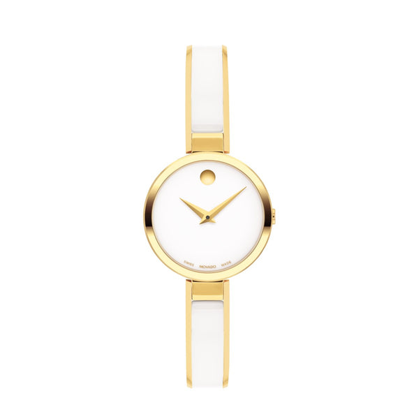 Movado Moda 24MM Dial White Ceramic Yellow Stainless Steel Bangle Watch; 0607715