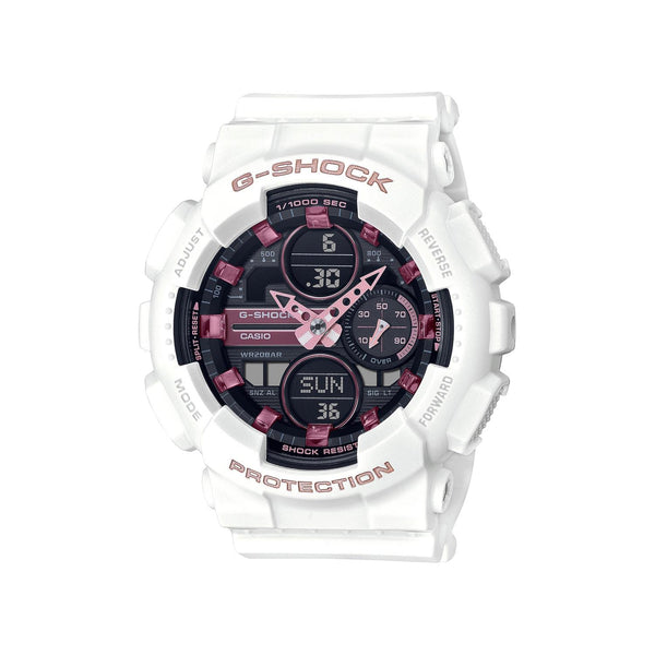 G-Shock Analog-Digital Pink Accent Black Face with White Strap; GMAS140M-7A