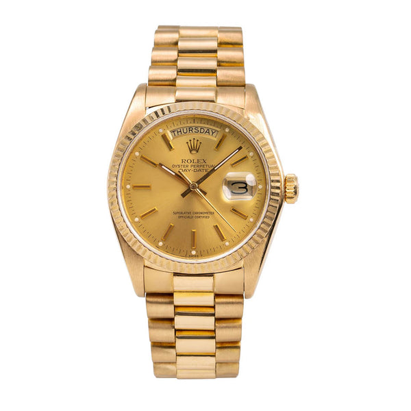 Certified Pre-Owned Rolex Gold 18KT Gold Oyster Perpetual Day-Date with 36X36 MM Champagne Round Dial; 10360