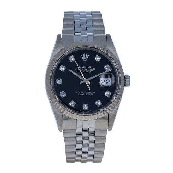 Certified Pre-Owned Rolex Diamond Accent Oyster Perpetual Datejust with 36X36 MM Black Round Dial Stainless Steel Jubilee; with 18K Gold Bezel