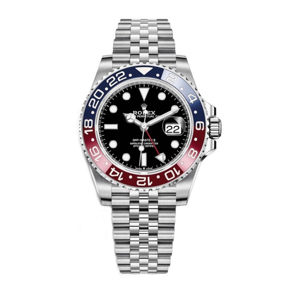 Certified Pre-Owned Rolex White Stainless Steel Oyster Perpetual GMT-Master II with 40X40 MM Black Round Dial; With Ceramic Bezel