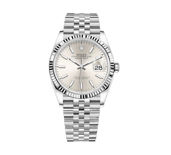 Certified Pre-Owned Rolex White Stainless Steel Oyster Perpetual Datejust with 36X36 MM Silvertone Round Dial; with 18K Gold Bezel