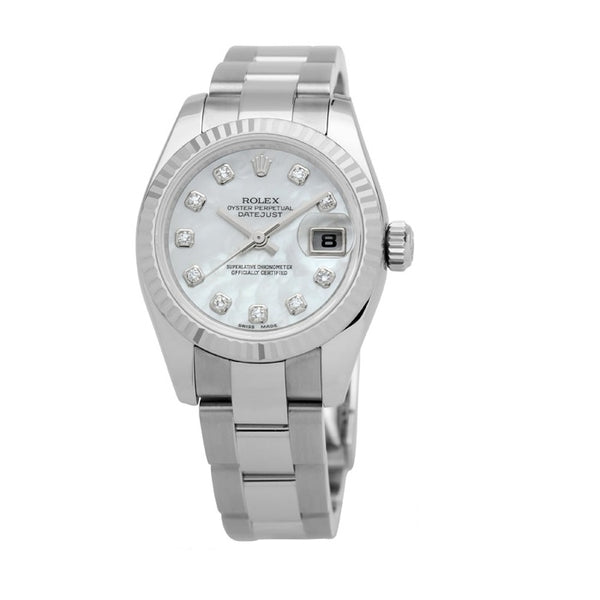 Certified Pre-Owned Rolex Diamond Accent Oyster Perpetual Lady-Datejust with 26X26 MM White Round Dial Stainless Steel Oyster; with 18K Gold Bezel