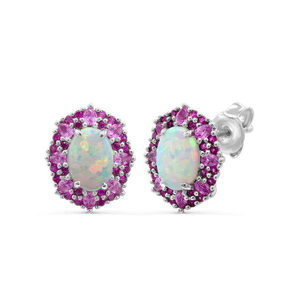 Red Hot Deal 7X5MM Oval Opal and Sapphire Halo Earrings in Sterling Silver