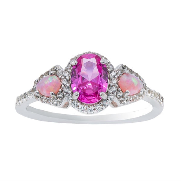 7X5MM Oval Pink Sapphire and Opal Three Stone Ring in Sterling Silver