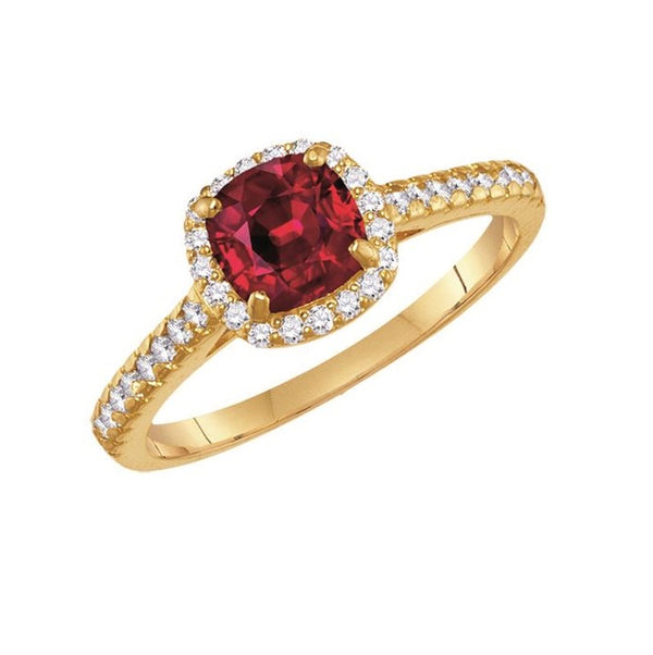 6MM Cushion Ruby and White Sapphire Birthstone Ring in 10KT Yellow Gold