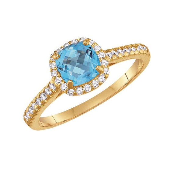 6MM Cushion Blue Topaz and White Sapphire Birthstone Ring in 10KT Yellow Gold