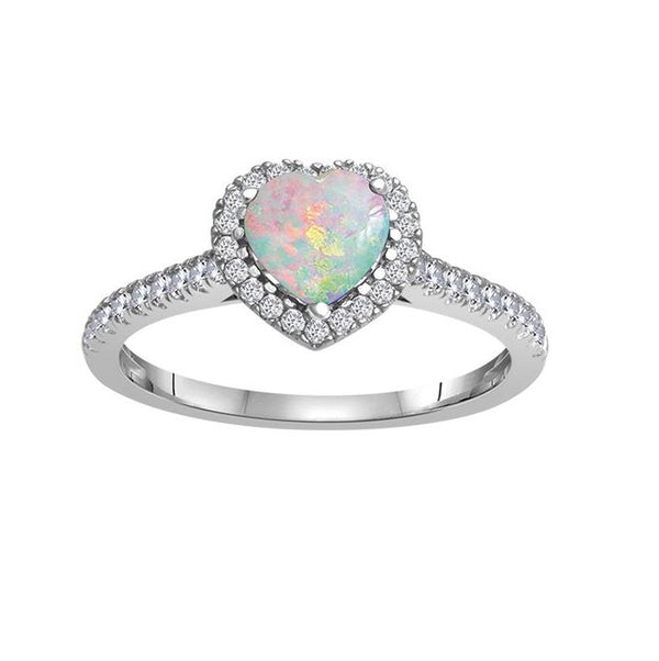 6MM Heart Shape Opal and White Sapphire Birthstone Heart Halo Ring in 10KT White Gold