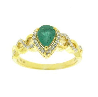 7X5MM Pear Emerald and Diamond Gem Stone Halo Twist Ring in 10KT Yellow Gold