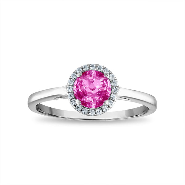 6MM Round Pink Sapphire and White Sapphire Birthstone Halo Ring in Sterling Silver