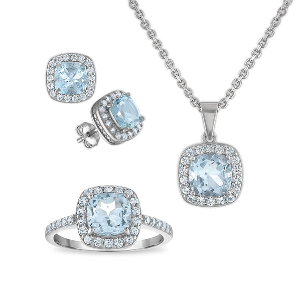 Cushion Blue Topaz and White Sapphire Box Set 18" Pendant in Rhodium Plated Sterling Silver